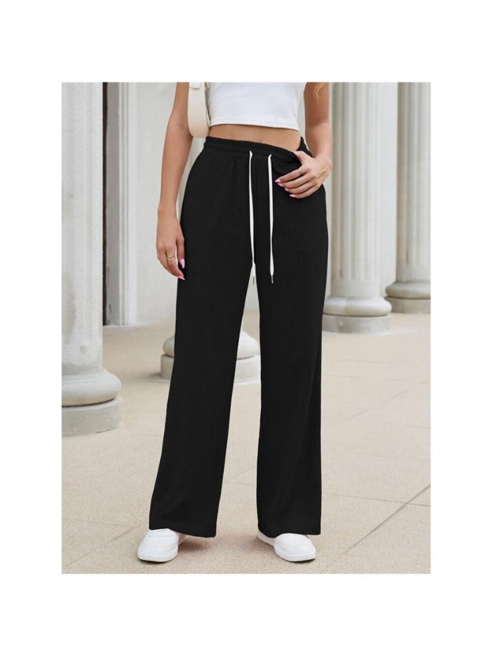 High-Waisted Drawstring Wide-Leg Casual Pants